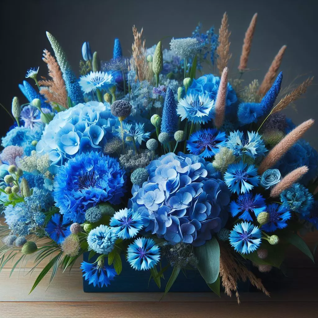 blue flower arrangement with hydrangeas and cornflowers