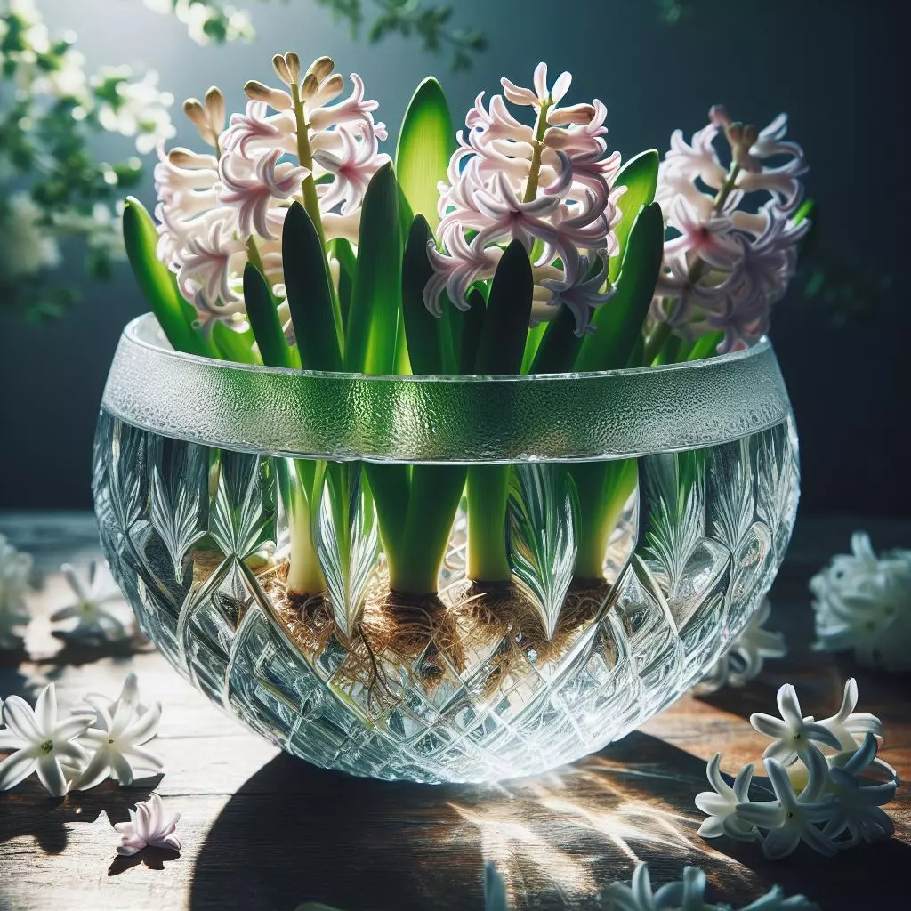 spring flower arrangement with hyacinth bulbs growing in water