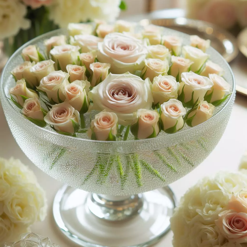 roses arrangement in a glass bowl with water