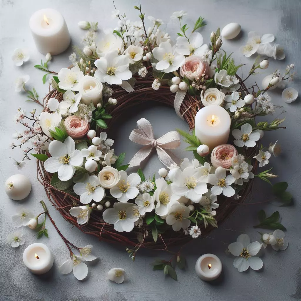 welcoming wreath for spring with natural flowers
