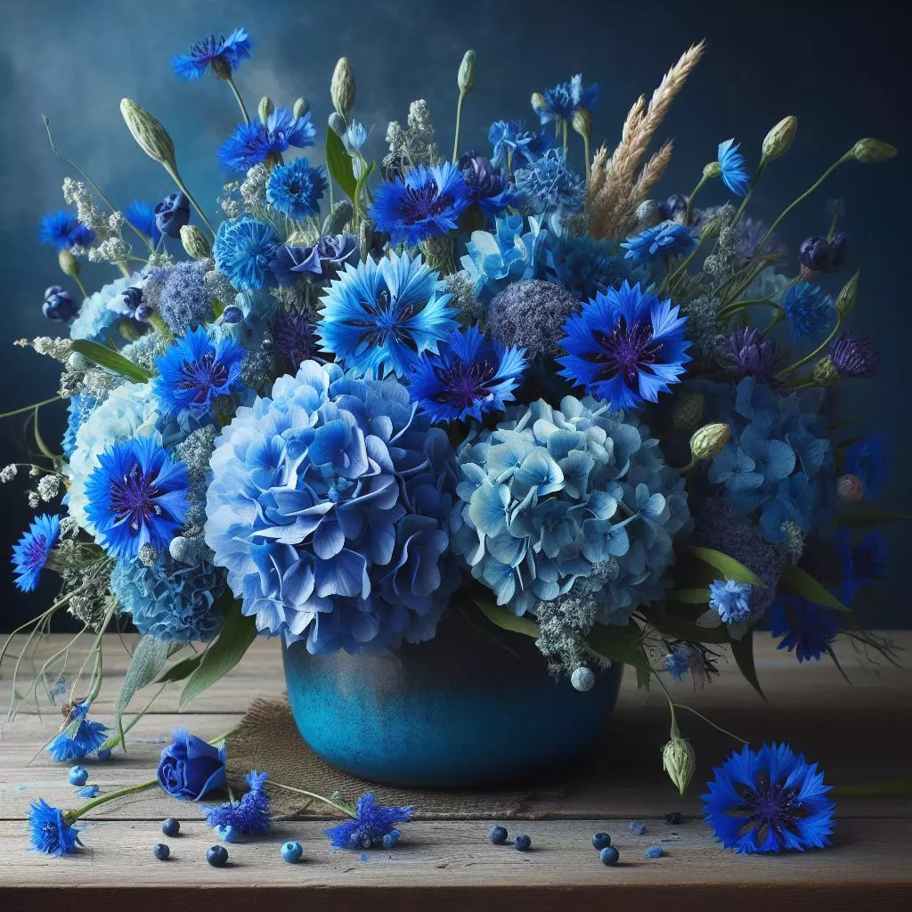 bachelor's button flowers and blue hydrangeas arranged